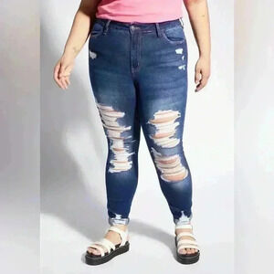 4/$25 NWT Rue21 Mid Rise Ankle Jeggings Blue Distressed Double Roll Plus Sizes